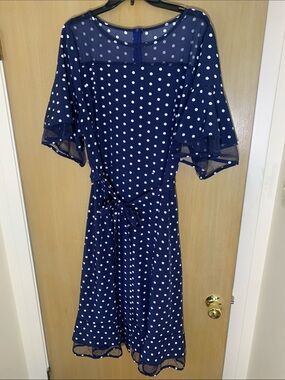 💙PLUS SIZE 4X Navy Blue Polka Dot Midi Dress with Tie Waist💙